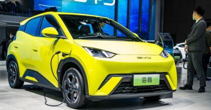 BYD Seagull electric car on display at the 2023 Shanghai Auto Show.